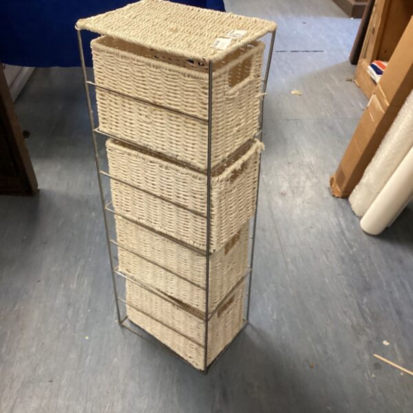 Four-tier wicker storage unit with metal frame for bathroom organization.