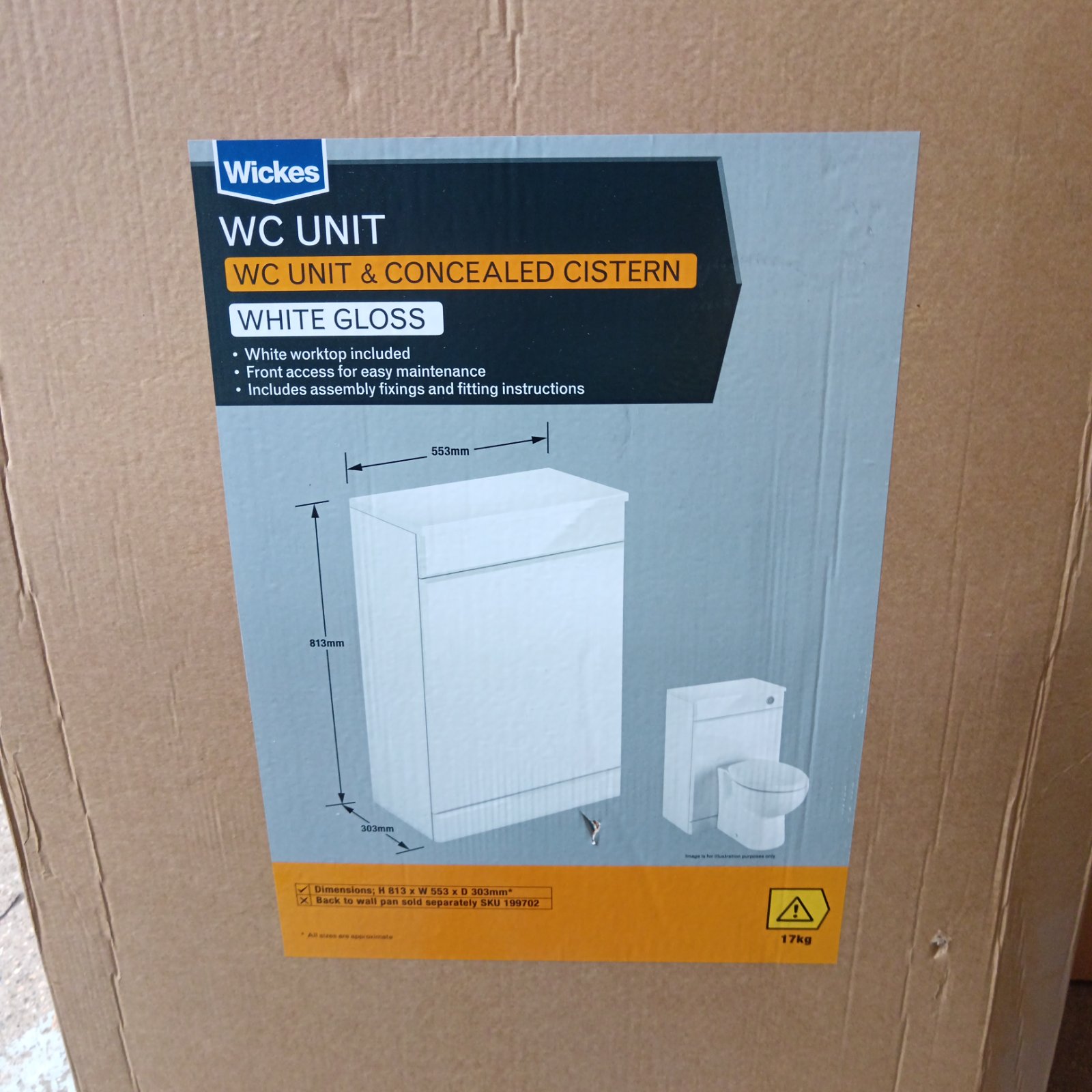 White gloss Wickes WC unit with concealed cistern packaging.