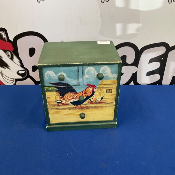 Colourful wooden cockerel cabinet with two drawers.