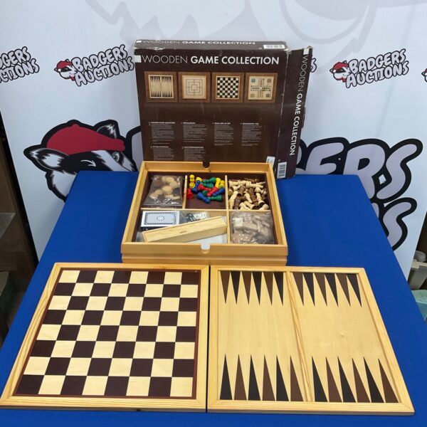 Wooden games collection featuring chess, checkers, and backgammon board.