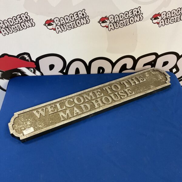 Vintage wooden "Welcome to the Madhouse" sign for rustic home decor.