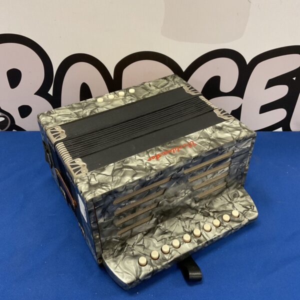 Vintage grey World Master accordion with pearl buttons.