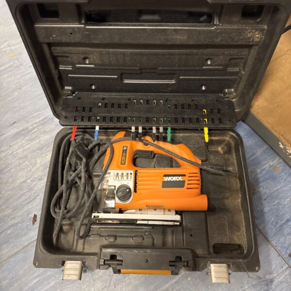 Worx jigsaw power tool inside a black carrying case.