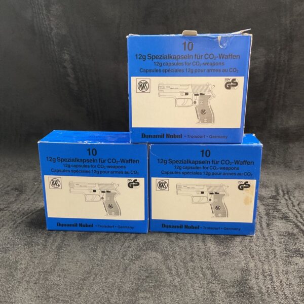 Three boxes of 12g CO2 capsules for airguns and airsoft guns.