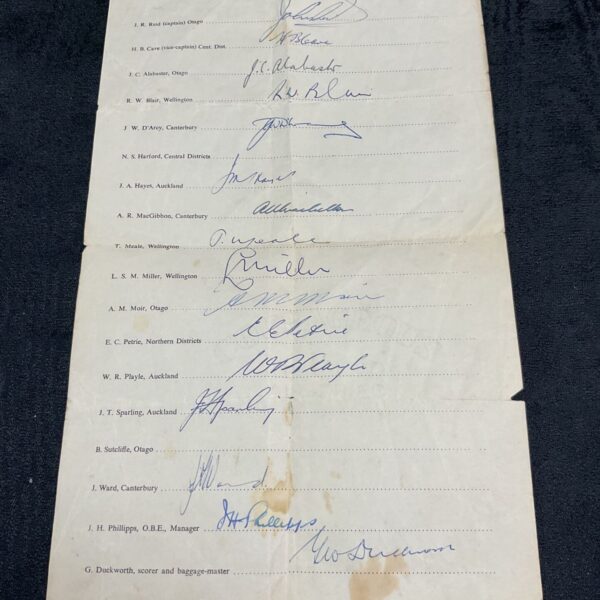 Vintage 1958 New Zealand cricket team signed sheet for collectors.