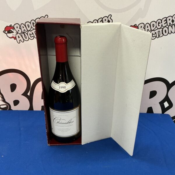 Bottle of 1998 Chiroubles wine presented in its original box.