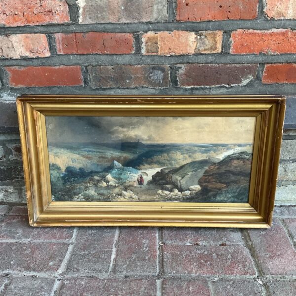 Early 19th century watercolour landscape with mother and child.