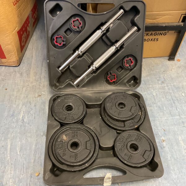 20kg dumbbell set with weight plates and barbell for home fitness.