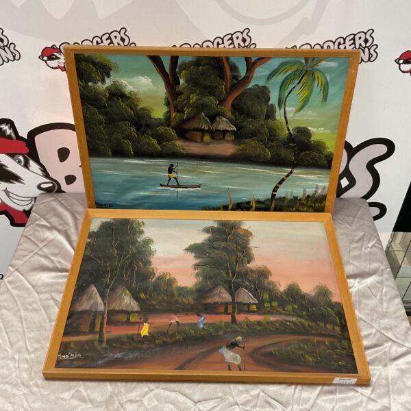 Pair of vibrant African tourist art oil paintings signed Madimba.