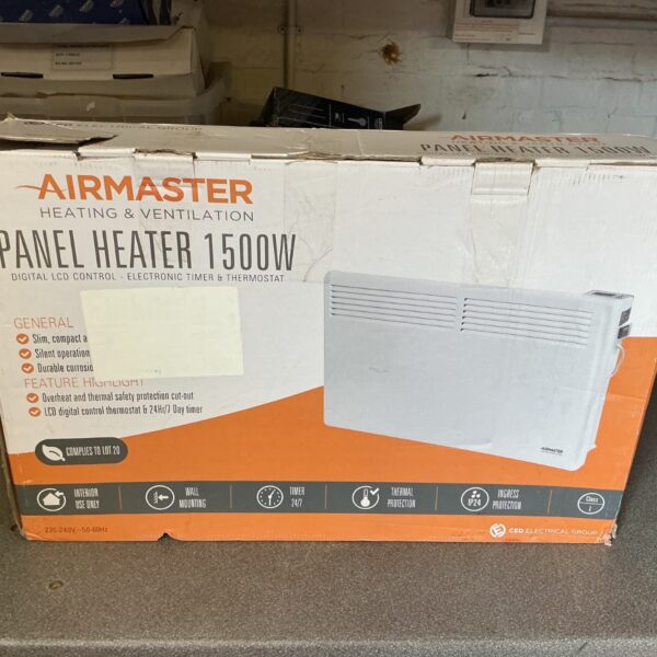 AirMaster panel heater with digital thermostat and timer display.