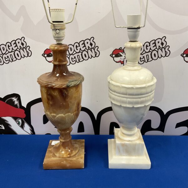 Pair of vintage alabaster urn table lamp bases with warm tones.