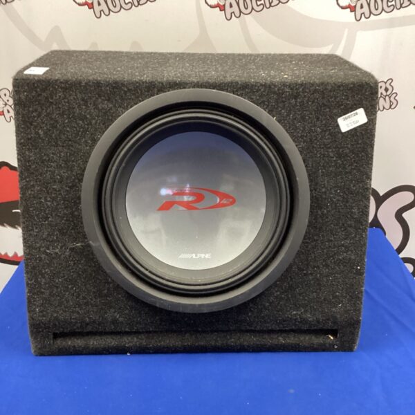 Alpine Type-R 12 inch subwoofer in a black box.