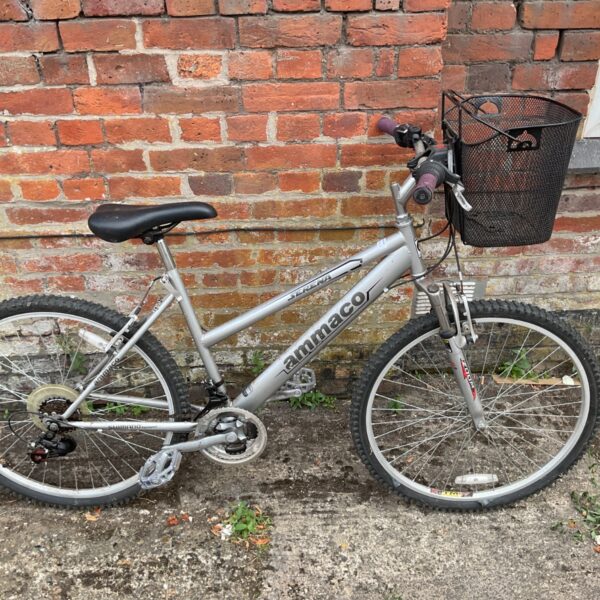 Silver Ammaco mountain bike with front basket, vintage bicycle.