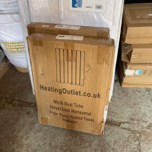 Anthracite oval tube heated towel radiator in original packaging.