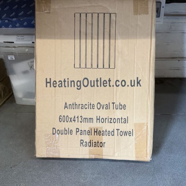 Anthracite horizontal towel radiator measuring 600x413mm.