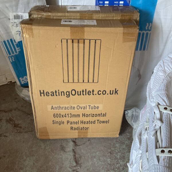 Anthracite 600x413mm horizontal heated towel radiator in packaging.