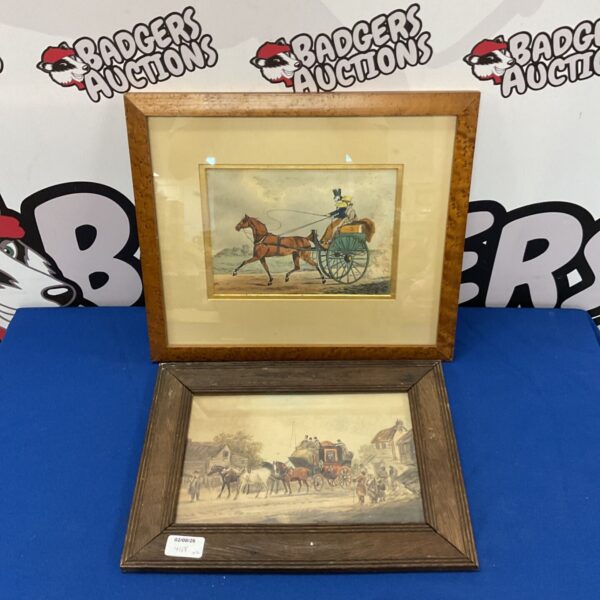 Antique watercolour painting of a coaching scene with horses and carriage.