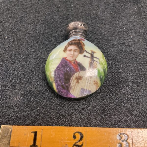 Antique Edwardian scent bottle with geisha hand-painted design.