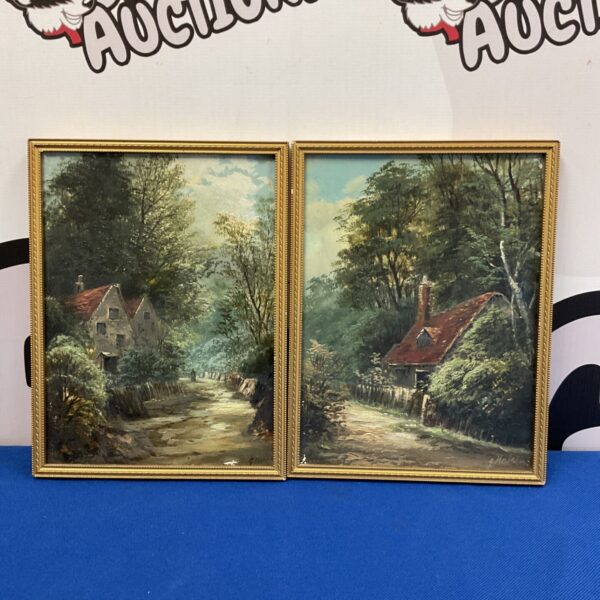 Antique miniature oil paintings of woodland cottages signed G Bates.