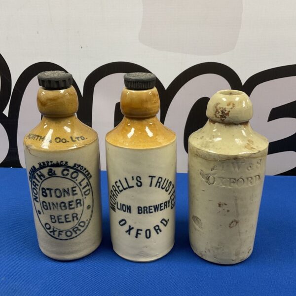 Antique Oxford brewery bottles, salt glazed stoneware, Victorian era.