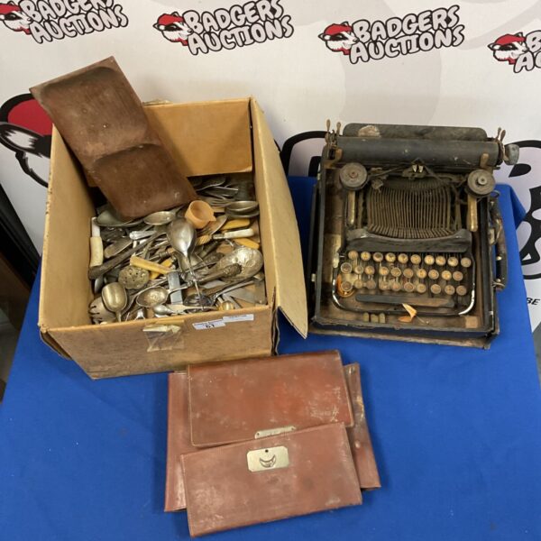Antique Corona typewriter with silver plate cutlery and vanity set.