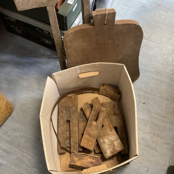 Antique wooden parts lot with bark shaver components for collectors.