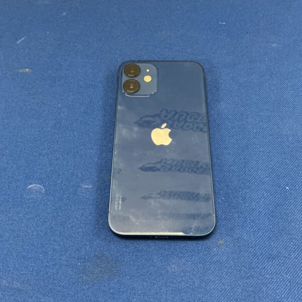 Blue Apple iPhone 12 back view with scratches.