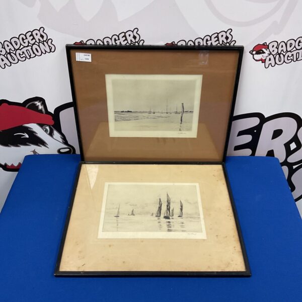 Vintage Arthur J Bond woodblock prints of sailboats on water.
