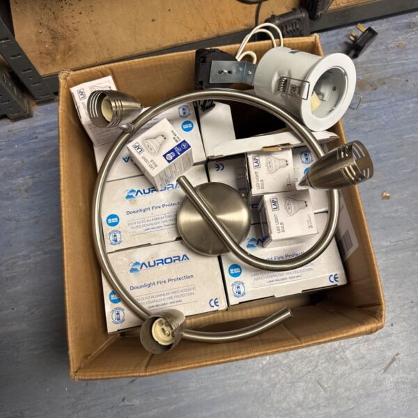 Box of Aurora downlights, ceiling light and LED bulbs for home lighting.