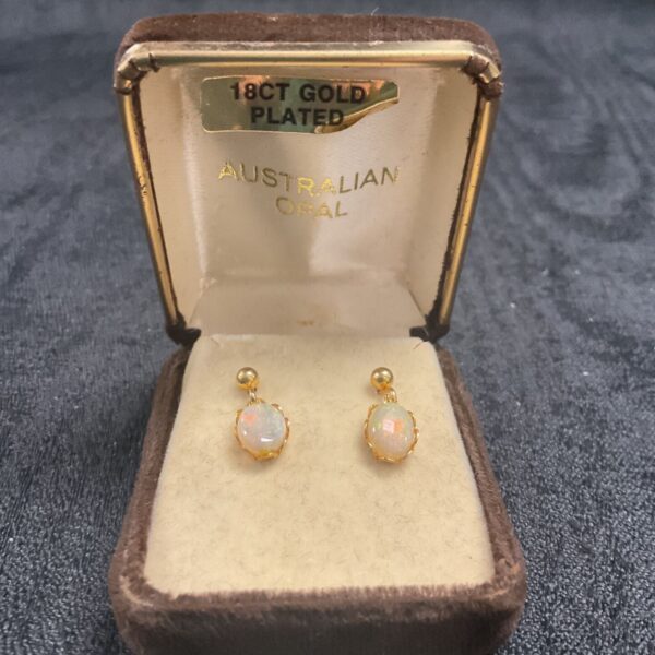Vintage Australian opal stud earrings displayed in presentation box.