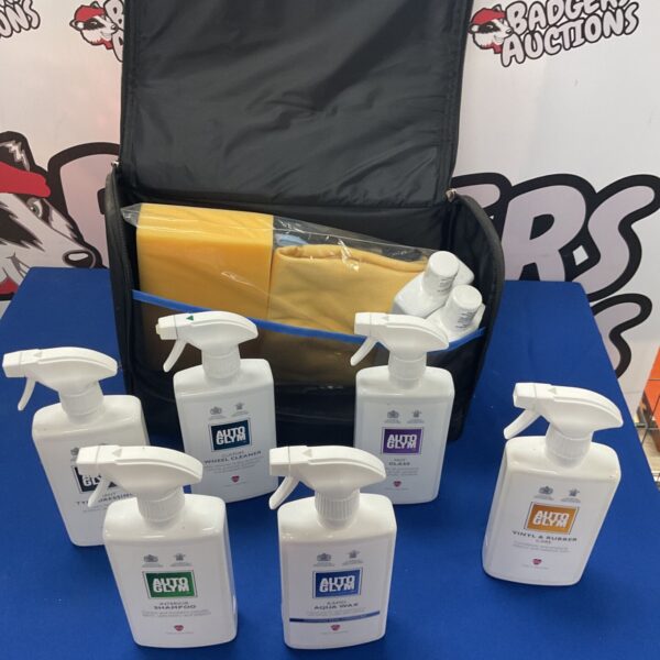 Auto Glym car valet set with various cleaning products inside a carry case.