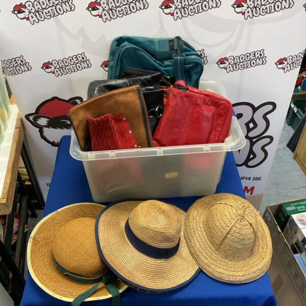 Mixed lot of vintage bags and hats for sale.