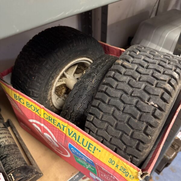 Used barrow wheels with a spare rubber tyre for garden carts.