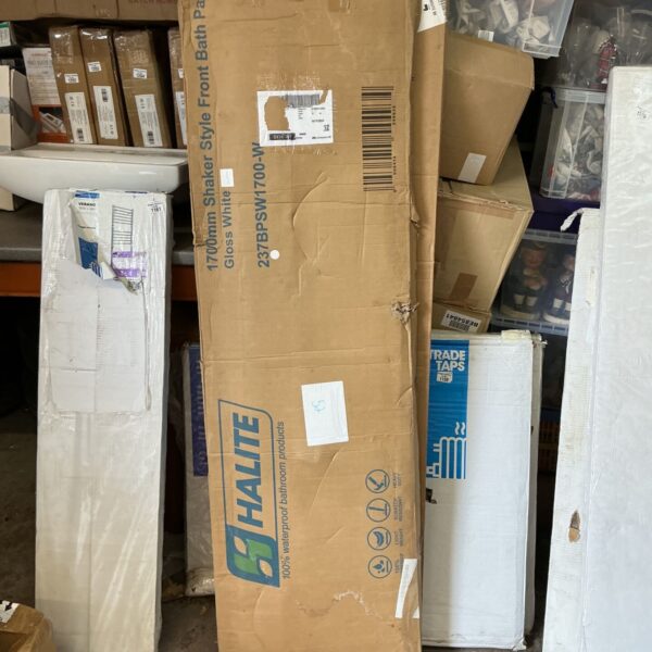 Gloss white 1700mm shaker style bath panel in original packaging.