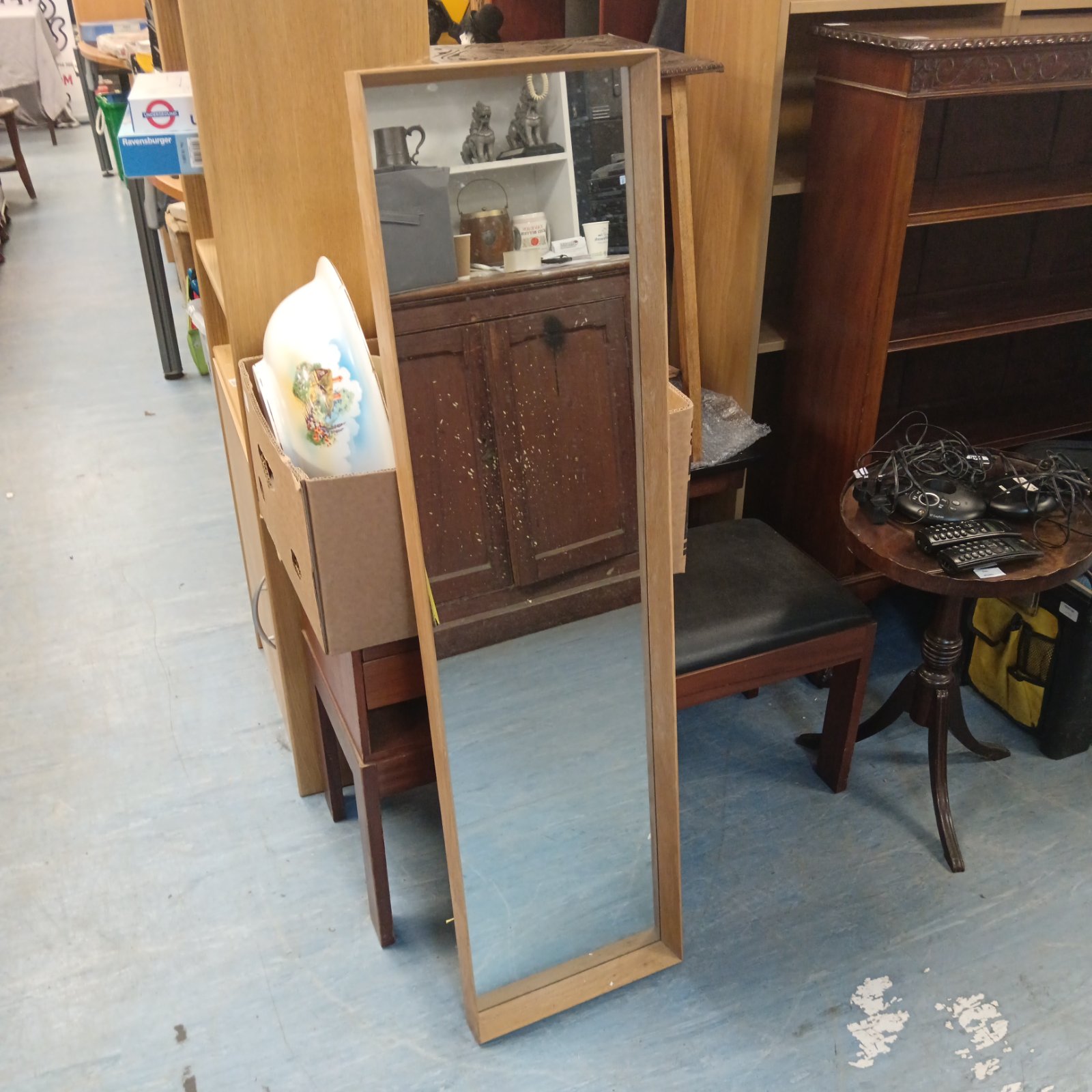 Vintage beech framed wall mirror, 123cm x 33cm, in a room setting.