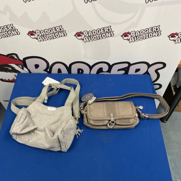 New beige ladies handbag with adjustable strap and front flap.