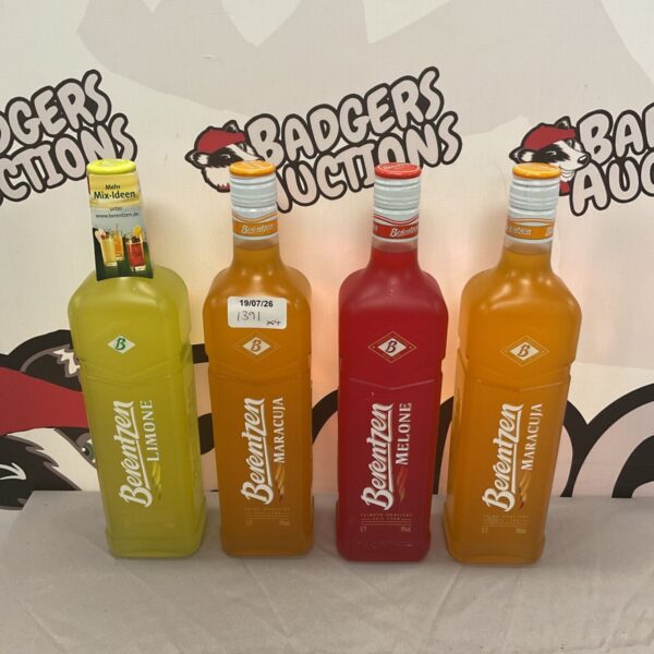 Four colourful Berentzen alcohol bottles for collectors and bar enthusiasts.
