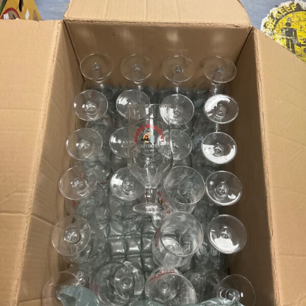 Box of Birra Moretti pint glasses, Italian beer glassware.