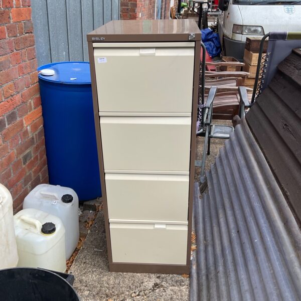Tall metal Bisley filing cabinet for secure office storage.