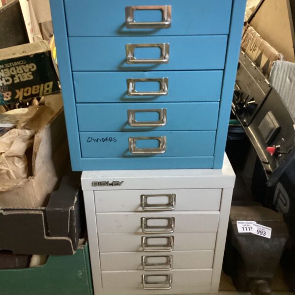 Blue Bisley storage cabinet with drawers, vintage industrial style.