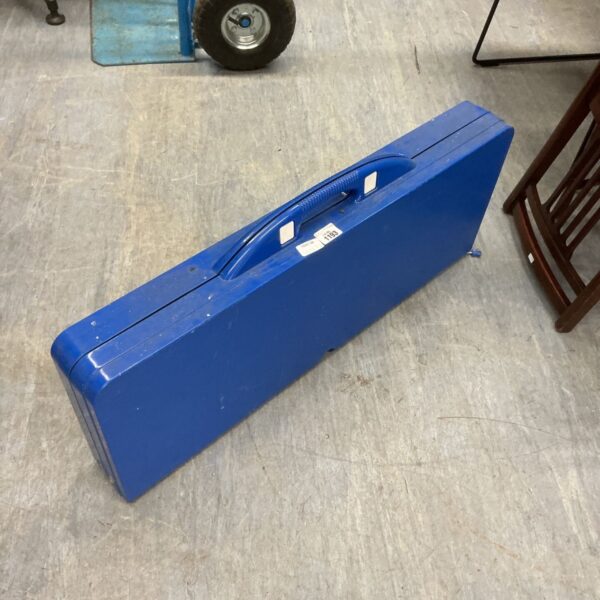 Blue folding camping table, perfect for outdoor picnics and camping.