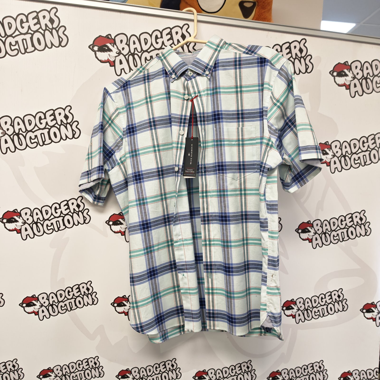 Unused Blue Harbour cheque pattern short sleeve shirt size L.