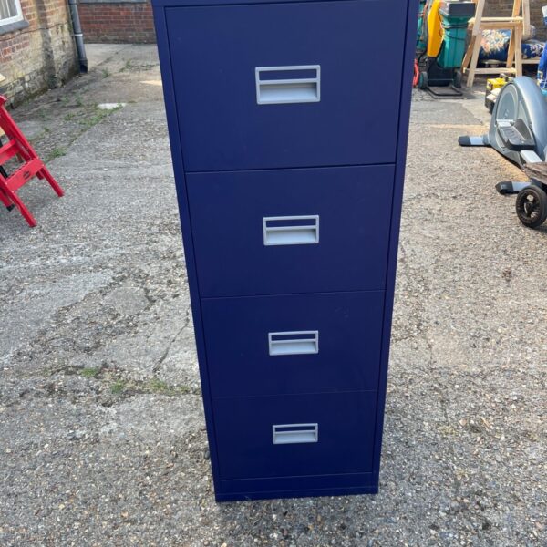 Blue metal four-drawer filing cabinet for office storage.