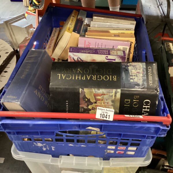 Blue tray filled with a mixed lot of vintage and reference books.