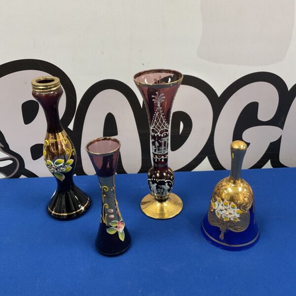 Hand-painted Bohemian glass vase and bell set, vintage collectible.