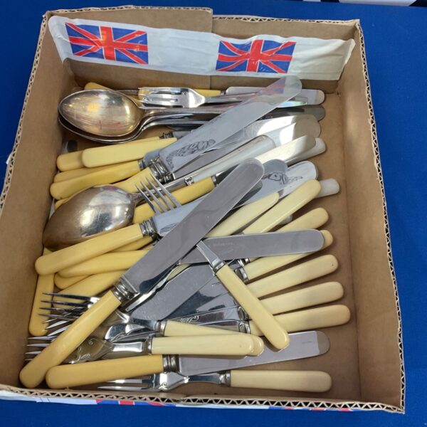 Vintage bone handle cutlery lot with silver plated blades and forks.