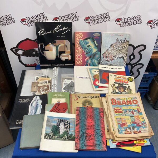 Mixed lot of vintage books, comics, and antique photographs.