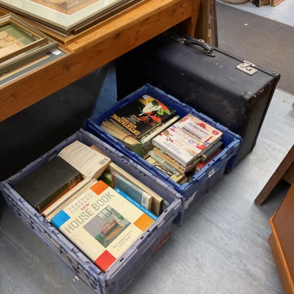 Vintage book lots in blue crates and a suitcase.