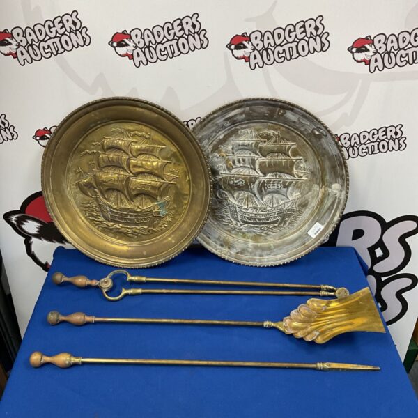 Antique brass ship chargers and Victorian fireplace tools set.