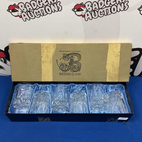 Set of six Brierglass hand cut lead crystal whiskey glasses.